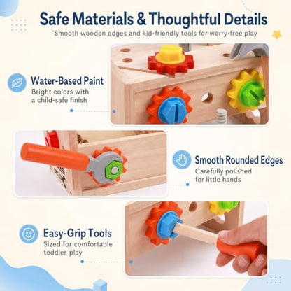Kids Tool Set, 29 PCS Wooden Toddler Tool Box Workbench, Montessori STEM Educational Construction Pretend Play Toy, Birthday Gift for Ages 3-6 Year Old Boys Girls