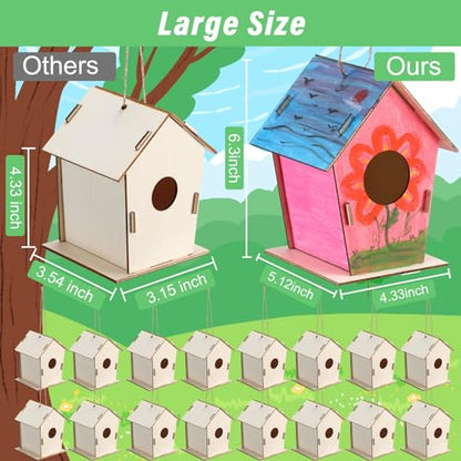 DoubleFill 24 Pcs 6.3'' Wooden Bird Houses Kits Bulk for Kids to Build DIY Unfinished Wood Birdhouses to Paint Wood Arts and Crafts Birthday Gifts for Vbs Crafts Class Parties