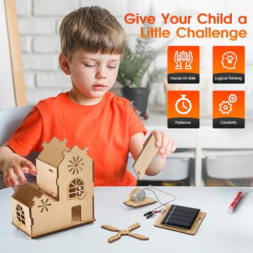 Solar Windmill House STEM Kit - DIY 3D Wooden Puzzle Science Toy for Kids,Educational Craft Model for Children Ages 8-12,Clear English Instruction.