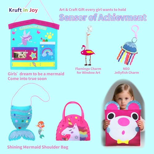 Kruft in Joy My First Sewing Kit Fun Felt Craft for Kids-8 Easy DIY Project twiggle Stuffed Animal Doll Plush Pillow Bag Charms Unicorn Mermaid Bear Fox Owl,Learn to Sew Embroidery Gift for Girl 5 12
