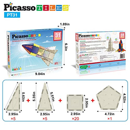 PicassoTiles UV Activated Color Changing Rocket Set Magnet Construction Toy Kit Engineering STEM Learning Playset Child Brain Development Stacking Blocks Playboard for All Ages 3 and Up PT31 - color: Uv Activated Color Changing