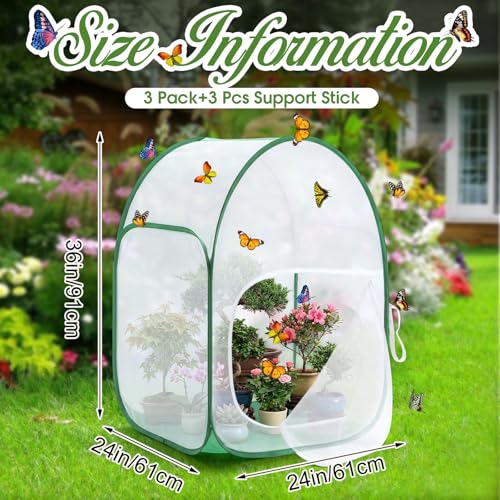 3 Pack 36" Large Monarch Butterfly Habitat Giant Collapsible Insect and Butterfly Mesh Habitat Cage Pop-up Caterpillar Growing Mesh Cage Terrarium, Side Door Design, Transparent Window Panel