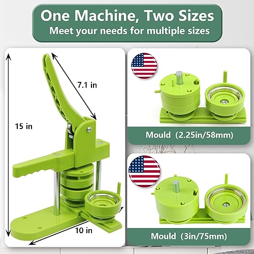 Happizza Button Maker Machine Multiple Sizes, Pin Maker Machine 2.25 inch+3 inch, Interchangeable Button-Models Badge Button Press Machine with 200 Sets 58mm+75mm Button Maker Supplies&Circle Cutter - size: Green 2.25+3 inch (200 Sets)