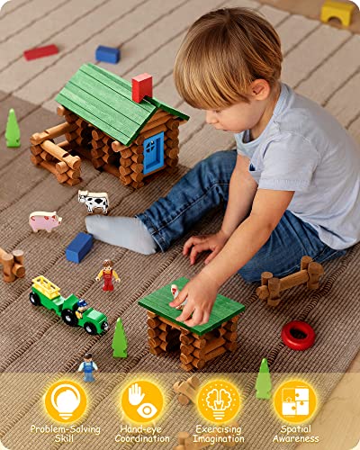 SainSmart Jr. Wooden Logs Set with Container - Classic Building Logs Ages 3+ - Best Retro Building Gift Set for Boys - Creative Construction Engineering Educational Gifts - style: Bonus Storage Box - 122 Pcs