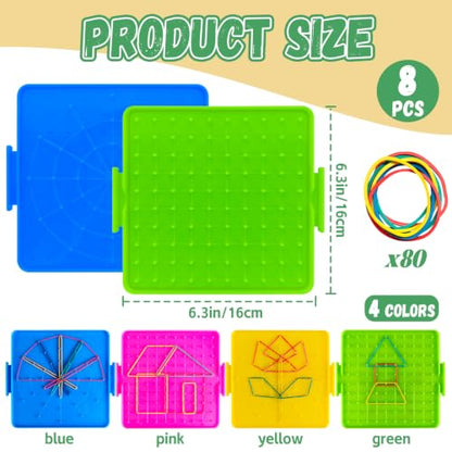 Double-Sided Geoboard Set, 8 Pack, 80 Latex Bands, 4 Colors
