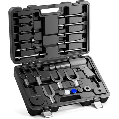25PCS Multi-functional Pneumatic Hammer Piece Chisel Set, Air Hammer Kit, 2100 BPM Quick Change Retainer Air Hammer with Shovel Heads, Ball Joint Separator Set, Air hammer Bits (Black) - color: Black