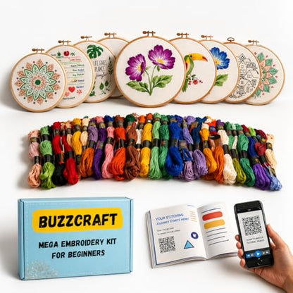BUZZCRAFT Embroidery Starter Kit for Beginners & Adults, Learn 30+ Stitches, 10 Pre-Printed Practice Patterns, Hand Embroidery Kit with Hoop, Needles, Floss & Instruction Book, DIY Sewing Craft Kit