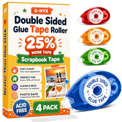 D-NYX Double Sided Tape Scrapbook Tape Roller, Adhesive Glue Runner, Scrapbooking Journaling Supplies, Must Have Glue Tape Roller for Paper Art & Craft Card Making Gift Wrapping Office School Home - size: 4 Pack