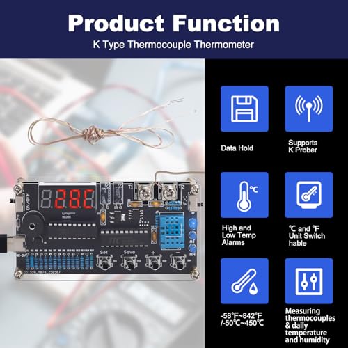 Thermocouple Thermometer DIY Kit, DC 4.5-5V Digital Temperature Humidity Sensor Soldering Project with High Low Temperature Warning -58℉ to 842℉ Thermocouple Soldering Kit for Back to School Education