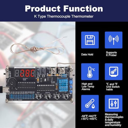 Thermocouple Thermometer DIY Kit, DC 4.5-5V Digital Temperature Humidity Sensor Soldering Project with High Low Temperature Warning -58℉ to 842℉ Thermocouple Soldering Kit for Back to School Education