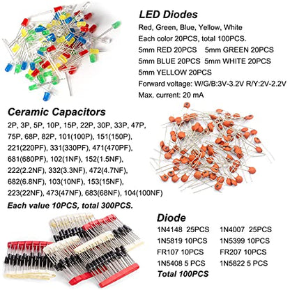 1400Pcs Basic Electronics Component Assortment Kit, Electrolytic Capacitor, Ceramic Capacitor, LED Diode, Common Diode, Resistor, Transistor Component for Arduino, Electronic DIY Project