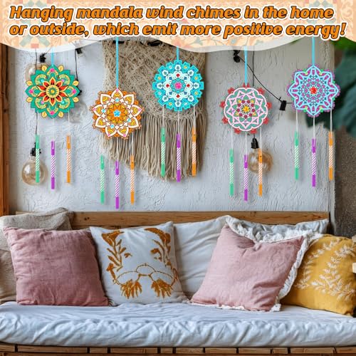 Amyhill 16 Pack Mandala DIY Wind Chime Kit, Wooden Coloring Craft, Gifts - style: Mandala
