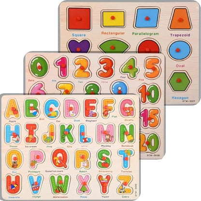3-Pack | Alphabet, Numbers & Shapes Wooden Puzzles for Toddlers 3-5 Years Old – ABC, 1-20 & Shape Learning Toy with Puzzle Board & Blocks, Preschool Educational Toy for Boys & Girls - style: Alphabet + Numbers + Shapes
