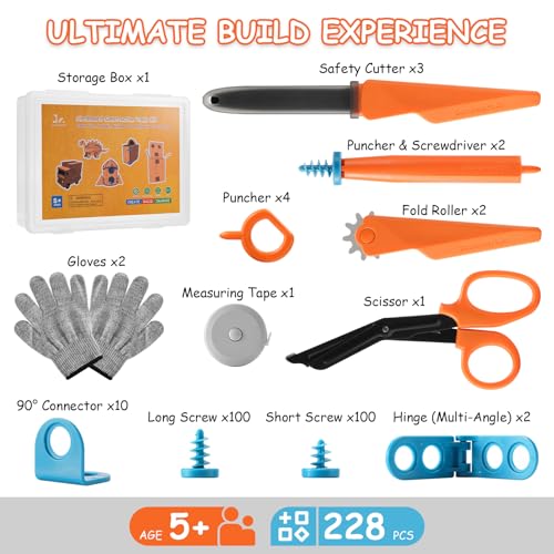 SainSmart Jr. 228 PCS Cardboard Construction Kit, Cardboard Tools for Kids STEM Projects, Classroom & Family DIY Activities | Reusable Cutting Tools with Safe Cutter, Tool Box & Tape Measure - size: 228 PCS