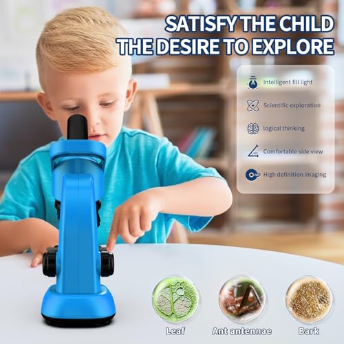 Microscope for Kids Scientific Experiment Kit 40X-1600X Magnification LED Light Educational STEM Kit with Slides and Lab Tools (Blue) - color: Blue