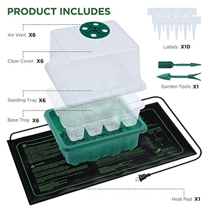 7-Pack Seed Starter Tray with Heat Mat (12 Cells per Tray), Plant Germination Trays with Adjustable Humidity Dome Seed Trays Seedling Starter with Base Trays for Germination - color: Green