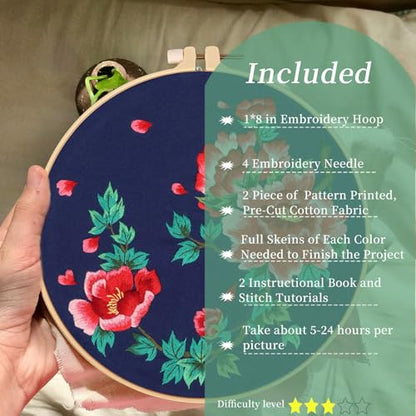 FONNUY 2 Set Crewel Embroidery Kit for Beginners, Fantasy Floral Pre-Stamped Pattern Kits for Adults with Hoop, Easy to Follow Needlework, 8'' (Red)