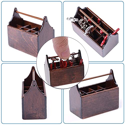 Doll House Toolbox,Eecoo Miniature Tool Box Wooden Toolbox Model for 1/12 Doll House Accessories with 8PCS Metal Tools Set