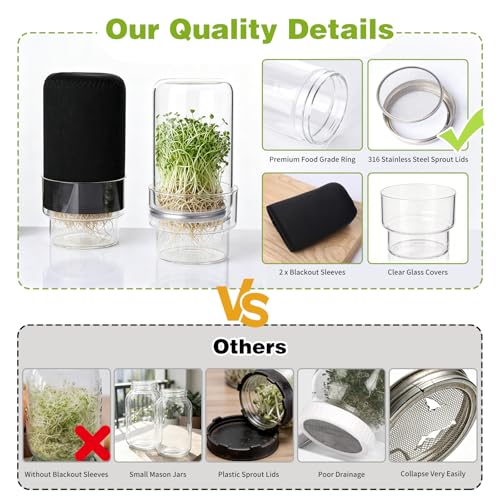 Sprouting Jar Kit, 2 Wide Mouth Sprouting Jar with Stainless Steel Screen Sprout Lids, Blackout Sleeves, Drain Cover, Sprouts Growing Kit for Broccoli, Mung Beans, Alfalfa & Microgreens