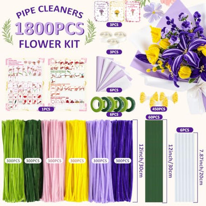 Anyeve 1800 PCS Pipe Cleaner Craft,Pipe Cleaner Flower Kit with Flower Stem, Chenille Stems 6 Colors for Easy Bend, Not Easy Break, Best Craft Material for DIY and Craft Projects - color: 1800PCS-Purple