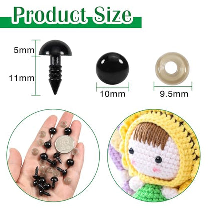 TOAOB 150pcs 10mm Black Plastic Safety Eyes Crafts Safety Eyes with 150pcs Washers for Stuffed Animals Amigurumis Crochet Doll Making - size: 10mm