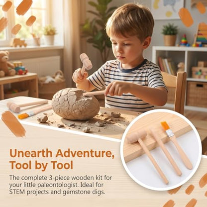 DOITOOL 9 Pcs Wooden Excavation Tools for Kids, Dinosaur Dig Kit with Mini Hammer Chisel Brush Scraper, Stem Science Gemstone Toys