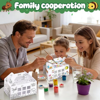 28 Pack Bug Hotel Box Color Your Own Cardboard Bug Catchers with Stickers, DIY Insect Critters Collection Gable Box with Window for Spring Summer Garden VBS Crafts Party Favors