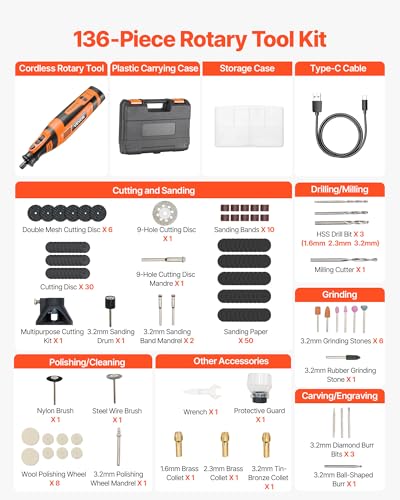 VEVOR 136-Piece Cordless Rotary Tool Kit, DC8V Portable Mini Power Rotary Tool, 5 Speeds 5000-30000RPM Multi-Purpose DIY Tools for Engraving, Sanding, Polishing, Carving, Grinding, Cutting, DIY Craft - style: 136PCS