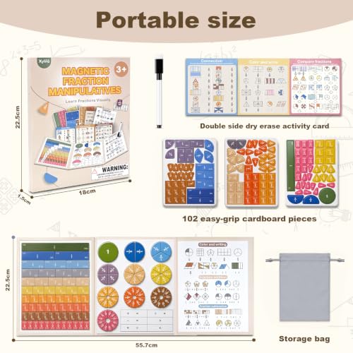 Magnetic Fraction Manipulatives for Kids, Fraction Tiles & Circles with Magnetic Fraction Board, Dry-Erase Activities for Comparing & Learning Fractions, Elementary Classroom Math Teaching Aid - size: 8.8 × 21.9 in