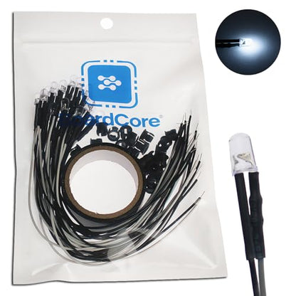 20PCS 12V 5mm Pre-Wired Bright White LED Diodes with Resistor, Includes 20 Black Mounts & 5-Meter Tape, for DIY Illumination, Cabinet/Case Lighting, and Instrument Backlight - color: White