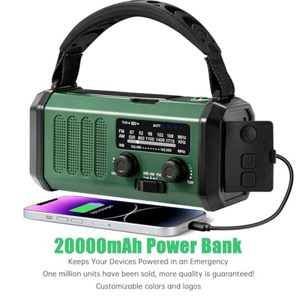 Emergency Weather Radio 20000mAh NOAA/AM/FM with 74000mWh USB/Solar/Hand Crank Charging, Battery Operated, SOS Alarm & Flashlight for Indoor/Outdoor Emergencies (Green)