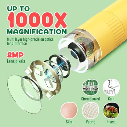 IMICHI Microscope for Kids 50X-1000X 2 inch IPS HD Screen, 32GB Storage Card, 1080P Video, 2-Hour Battery Life, Easy Carry, Slides Included - Perfect Science Kit Gift for Kids Ages 8-12 Yellow - color: Yellow