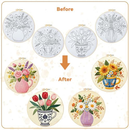 BEUNITONE 4 Set Embroidery Kits for Beginners, Flower Arrangement Design with Pre-Stamped Pattern Craft Kits Include Instruction and Hoops, 7.9x7.9 Needlepoint Kits for Festival Gifts and Home Decor - style: B-Flower Arrangement