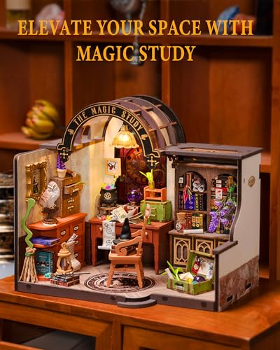 Rowood Magic Study Miniature House Kit, DIY Miniature Dollhouse Kits for Adults, Wizard Mini House Craft Kits for Women with LED, Halloween Christmas Birthday Gift for Adults (The Magic Study) - style: The Magic Study