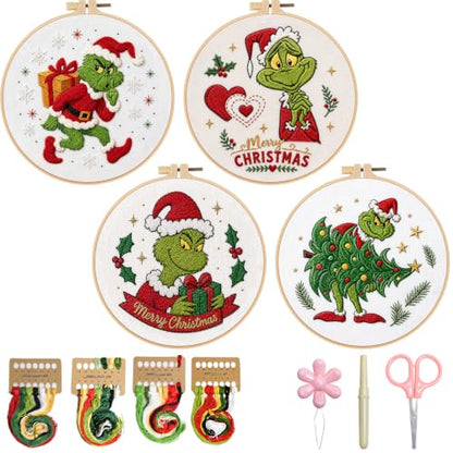 TPZBWG Embroidery Kit, 4 Pack Cross Stitch Kits,DIY Embroidery Starter Kit for Adults & Beginners, DIY Needlepoint Kit with Embroidery Hoop Thread Needle for Craft Lover Birthday Gifts (Green& White) - color: Green& White