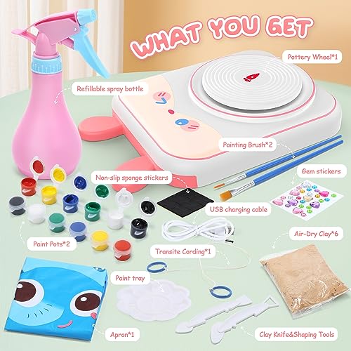 Pottery Wheel for Kids, Air Dry Clay Arts & Crafts Kit with USB Power - color: Pink R