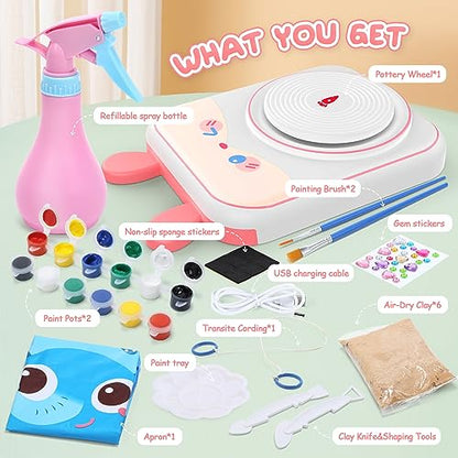 Pottery Wheel for Kids, Air Dry Clay Arts & Crafts Kit with USB Power - color: Pink R
