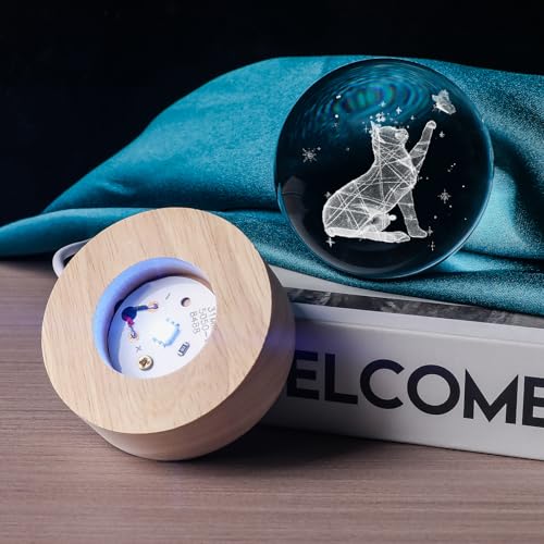 60mm 3D Crystal Ball Cat Lover Gifts for Women Cat Themed Sympathy Figurines Decor Gifts with Wooden Light Base - style: 3D Cat