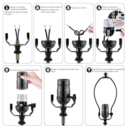 Lamp Making Kit,Make a Lamp or Repair Kit,3-Way Lamp Socket with Matching Cord Lamp Harp Set,Lamp Wiring Kit for Table Floor Lamp,Essential Hardware for DIY Lamp Design or Repair (Black, 1) - style: Black