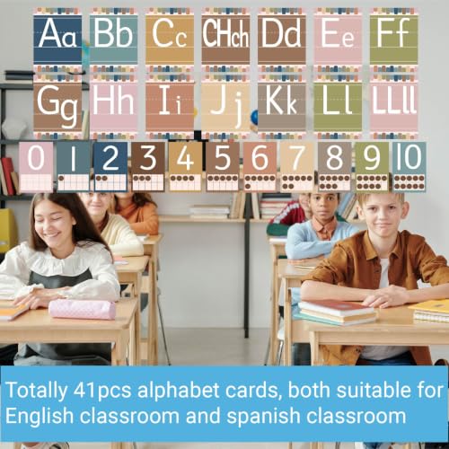 41 Pcs Boho Alphabet for Classroom Boho ABC Posters and 0-10 Number Cards Number Line Suitable for English Classroom and Spanish Classroom (English and Spanish ABC Boho) - color: Spanish Abc Boho