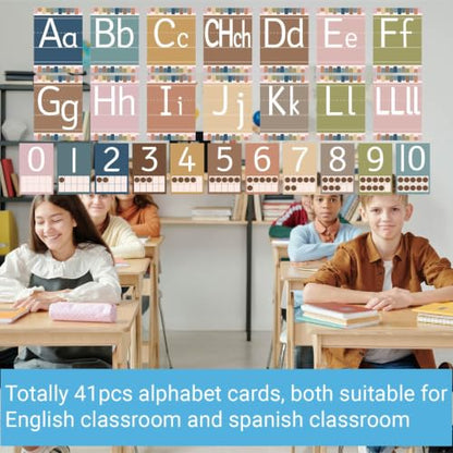 41 Pcs Boho Alphabet for Classroom Boho ABC Posters and 0-10 Number Cards Number Line Suitable for English Classroom and Spanish Classroom (English and Spanish ABC Boho) - color: Spanish Abc Boho