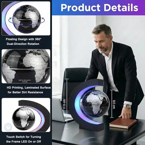 Magnetic Levitation Floating Rotating World Globe with LED Frame Lights, C Shape Levitating Globe, Touch Switch Night Light, Cool Tech Gifts for Men Dad Boys Kids, Office Desk Decor and STEM Gift - color: Black