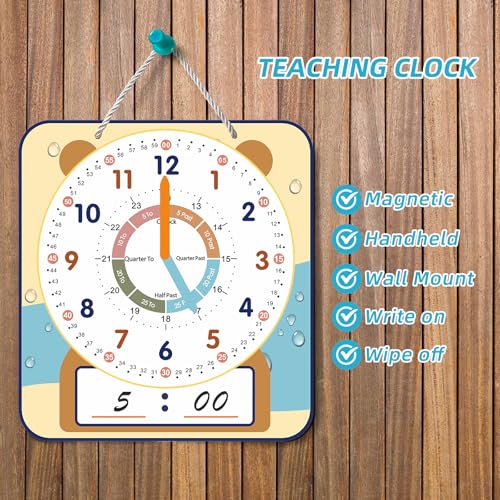 ANCOMEDO Large 12" Magnetic Writable Dry Erase Teaching Clock with Cute Style, Teaching Demonstration Clock for Kids Learning Practice Time for Home School Classroom Supplies (12" x11"-Beige) - style: Beige-1pack