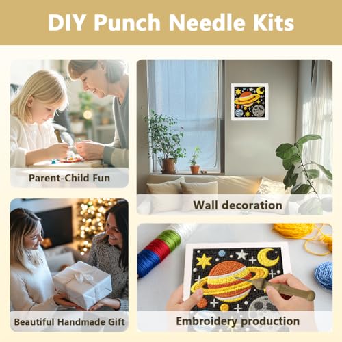 Doodlream Universe Planet DIY Punch Needle Embroidery Kit for Adult Beginner, 9.4" Planet Star Punch Stitching Craft Set for Starter with Frame,Fabric Pattern,Threader, Yarn, Pinch Needle - color: Universe Planet
