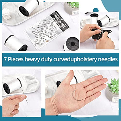Topus Extra Strong Upholstery Repair Sewing Thread Kit and Heavy Duty Household Hand Needles, Including 7 Styles of Leather Canvas Sewing Needles and 3 Rolls Nylon Thread (70 Yard of Each Roll), White - color: White