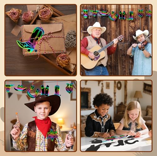 JULMELON 36Pcs Western Crafts for Kids, Cowboy Rainbow Scratch Art Cards - style: Western