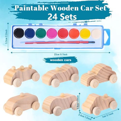 Leitee 24 Sets Wood DIY Car Toys, Unfinished Wooden Cars to Paint for Kids
