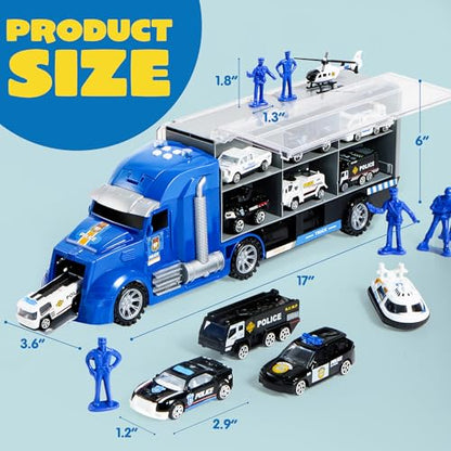 JOYIN 25 in 1 Police Rescue Truck Car Toy Set with Sounds and Lights, Mini Vehicles in Carrier Truck, Play Police Patrol Rescue Vehicle Toy, Birthday Gifts for Over 3 Years Old Boys - style: Police Truck