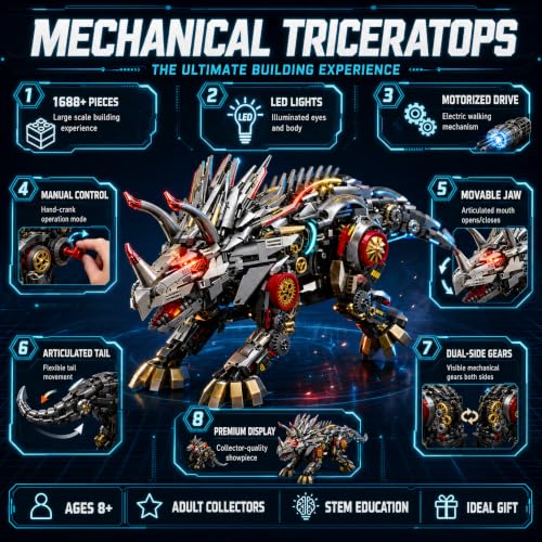 Mechanical Triceratops Dinosaur Building Kit, 1688 Pcs Motorized Walking STEM Toy with 2-in-1 Manual & Electric Battery Motor, LED Lights, Movable Joints, Gift for Kids & Adults