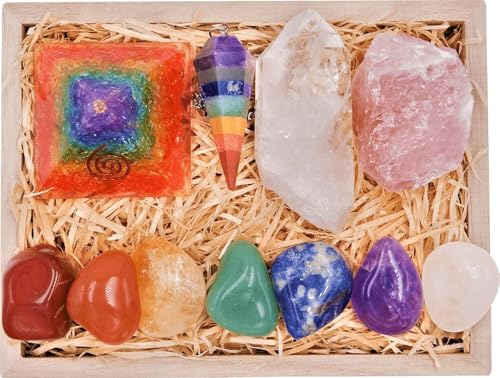 Crystals and Healing Stones Premium Kit Wooden Gift Box, Chakra Pyramid - color: Chakra Pyramid Collection